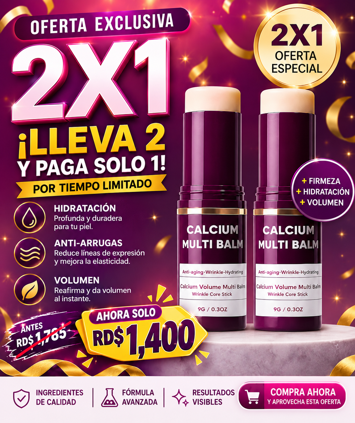 Calcium Multi Bálsamo hidratante todo en uno con calcio y colágeno, reparación de la piel antienvejecimiento para cara, ojos, labios, cuello, cuidado de la piel portátil hidratante, paquete de 2