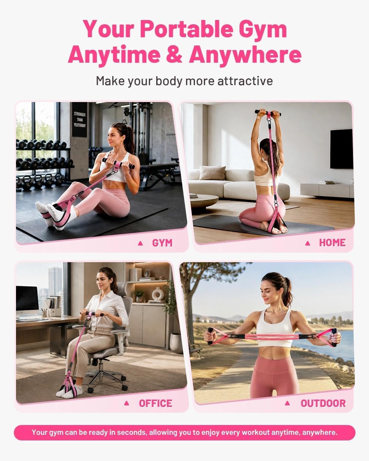 Banda de resistencia de pedal multifunción con mango, 4 bandas de resistencia ajustables de tubo para abdomen, cintura, brazo, núcleo/ABS