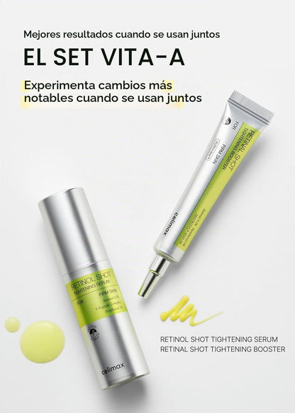 **Celimax Dúo Antiaging: Suero de Retinol 30 ml + Suero Potenciador de Retinal 15 ml | Con 0.1% Retinal, 3% Matrixyl y Vitamina A | Ayuda a minimizar poros, suavizar líneas y arrugas y mejorar la apariencia de firmeza y textura de la piel.**