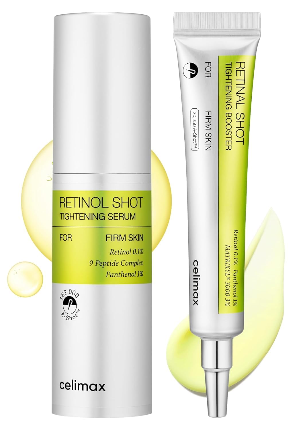 **Celimax Dúo Antiaging: Suero de Retinol 30 ml + Suero Potenciador de Retinal 15 ml | Con 0.1% Retinal, 3% Matrixyl y Vitamina A | Ayuda a minimizar poros, suavizar líneas y arrugas y mejorar la apariencia de firmeza y textura de la piel.**