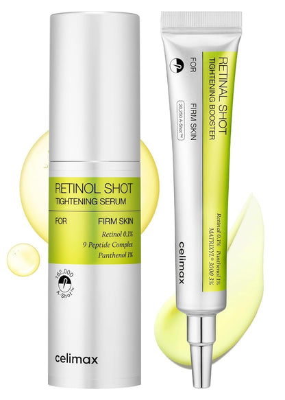 **Celimax Dúo Antiaging: Suero de Retinol 30 ml + Suero Potenciador de Retinal 15 ml | Con 0.1% Retinal, 3% Matrixyl y Vitamina A | Ayuda a minimizar poros, suavizar líneas y arrugas y mejorar la apariencia de firmeza y textura de la piel.**